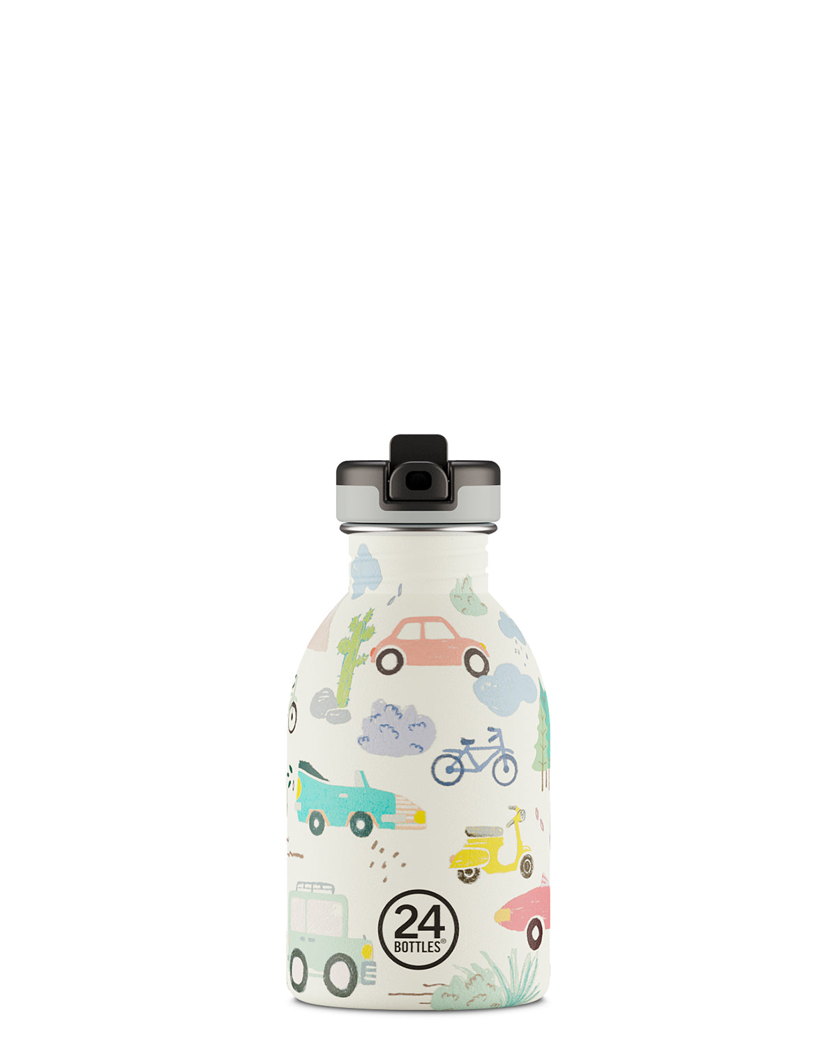 Boraccia per bambini con beccuccio, senza BPA 250 ml,  Bianca, Macchinine, Personalizzabile, Kids Bottle   Adventure Friends  - 24Bottles