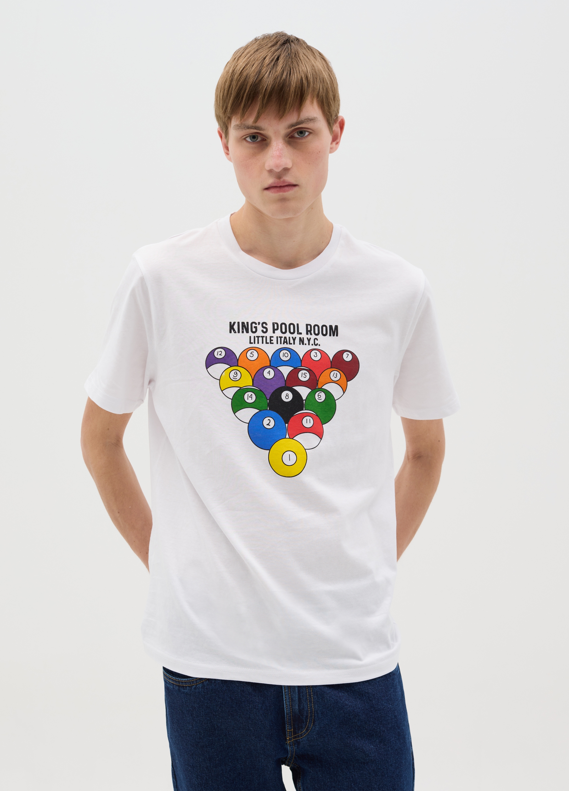 OVS , T-shirt In Cotone Con Stampa Palle Da Biliardo, Uomo, Bianco, Taglia: L