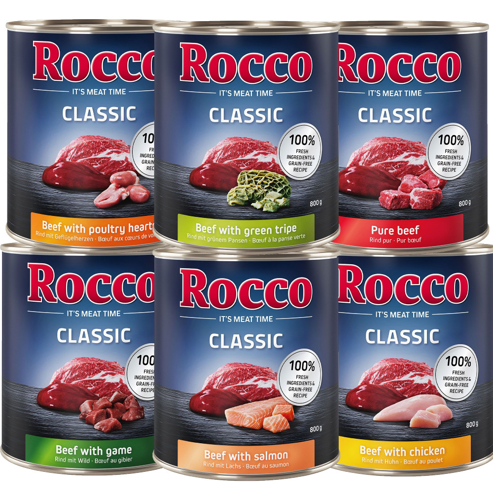 Set prova! Rocco 6 x 800 g Alimento umido per cani - Classic Mix 1: 6 gusti a base di Manzo