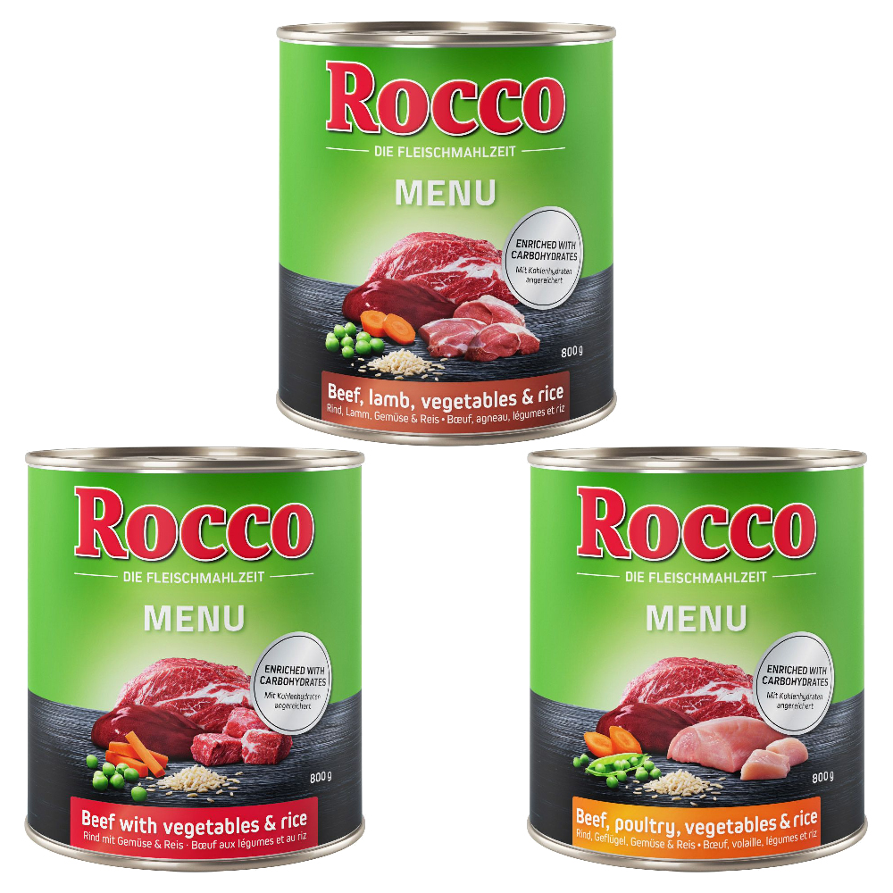 Set prova! Rocco 6 x 800 g Alimento umido per cani - Menù: Manzo & Pollame, Manzo & Verdure, Manzo & Agnello