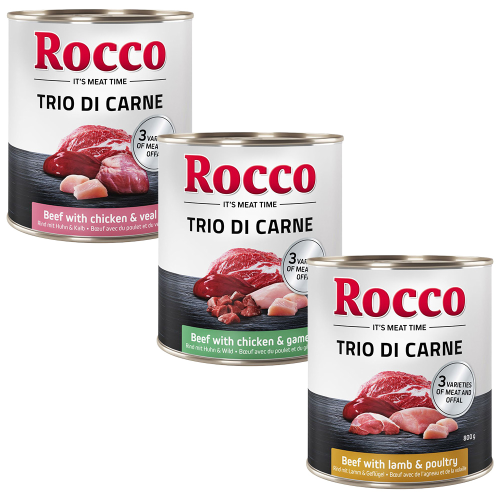 Set prova! Rocco 6 x 800 g Alimento umido per cani - Trio di carne: Manzo, Agnello & Pollame + Manzo, Pollo & Vitello + Manzo, Pollo & Selvaggina