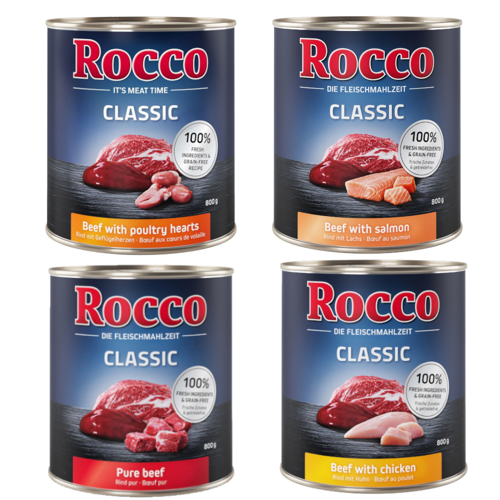 Rocco Classic 24 x 800 g - Mix 6: Manzo puro, Pollo, Salmone, Cuori di Pollame