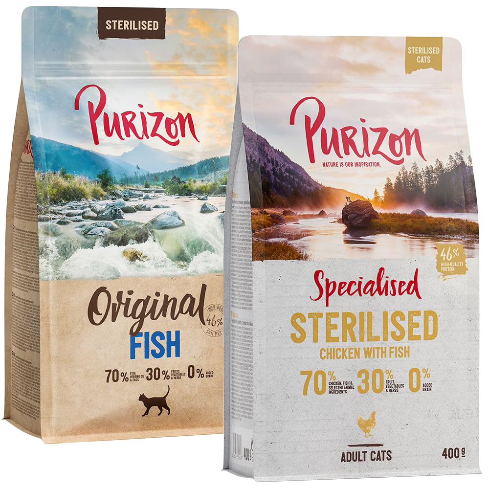 Set prova! Purizon Adult Crocchette per gatto - 2 x 400 g: Sterilised Adult Pollo & Pesce, Sterilised Adult Pesce