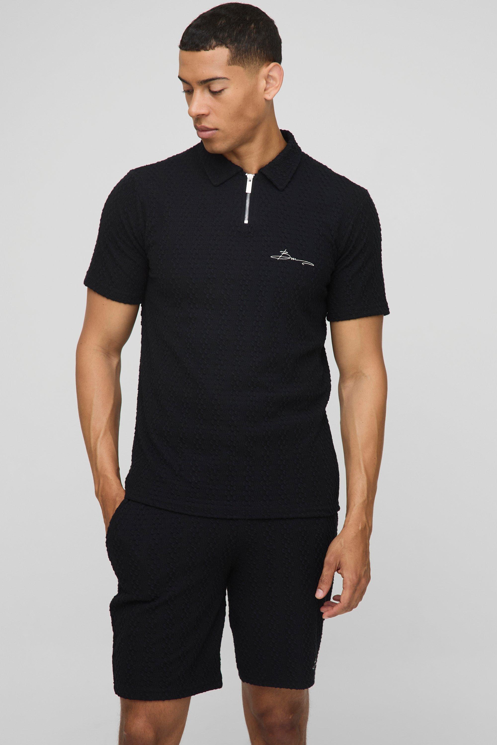 Set polo Slim Fit con ricami, zip sul colletto & pantaloncini Slim Fit, Nero
