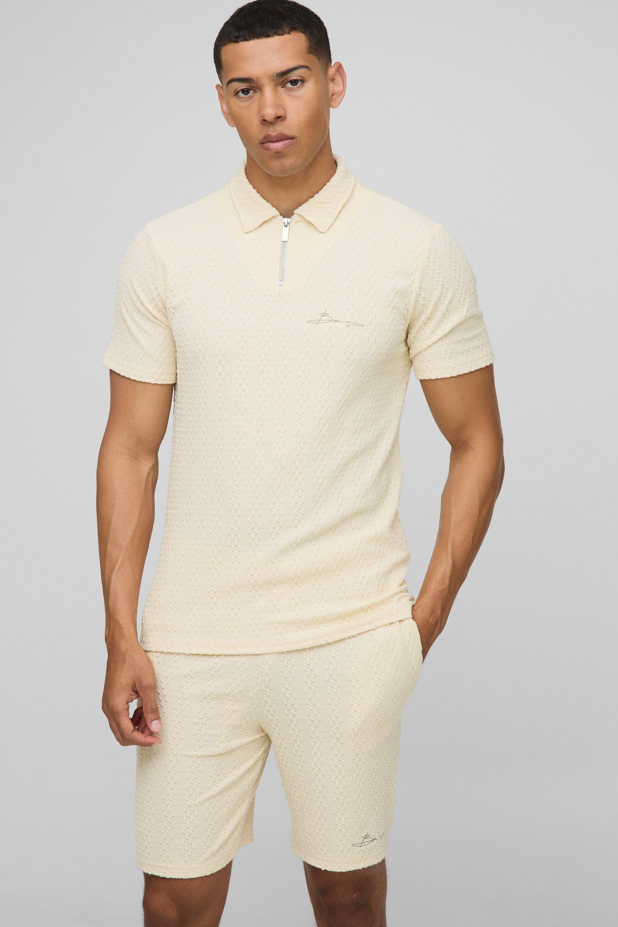 Set polo Slim Fit con ricami, zip sul colletto & pantaloncini Slim Fit, Cream