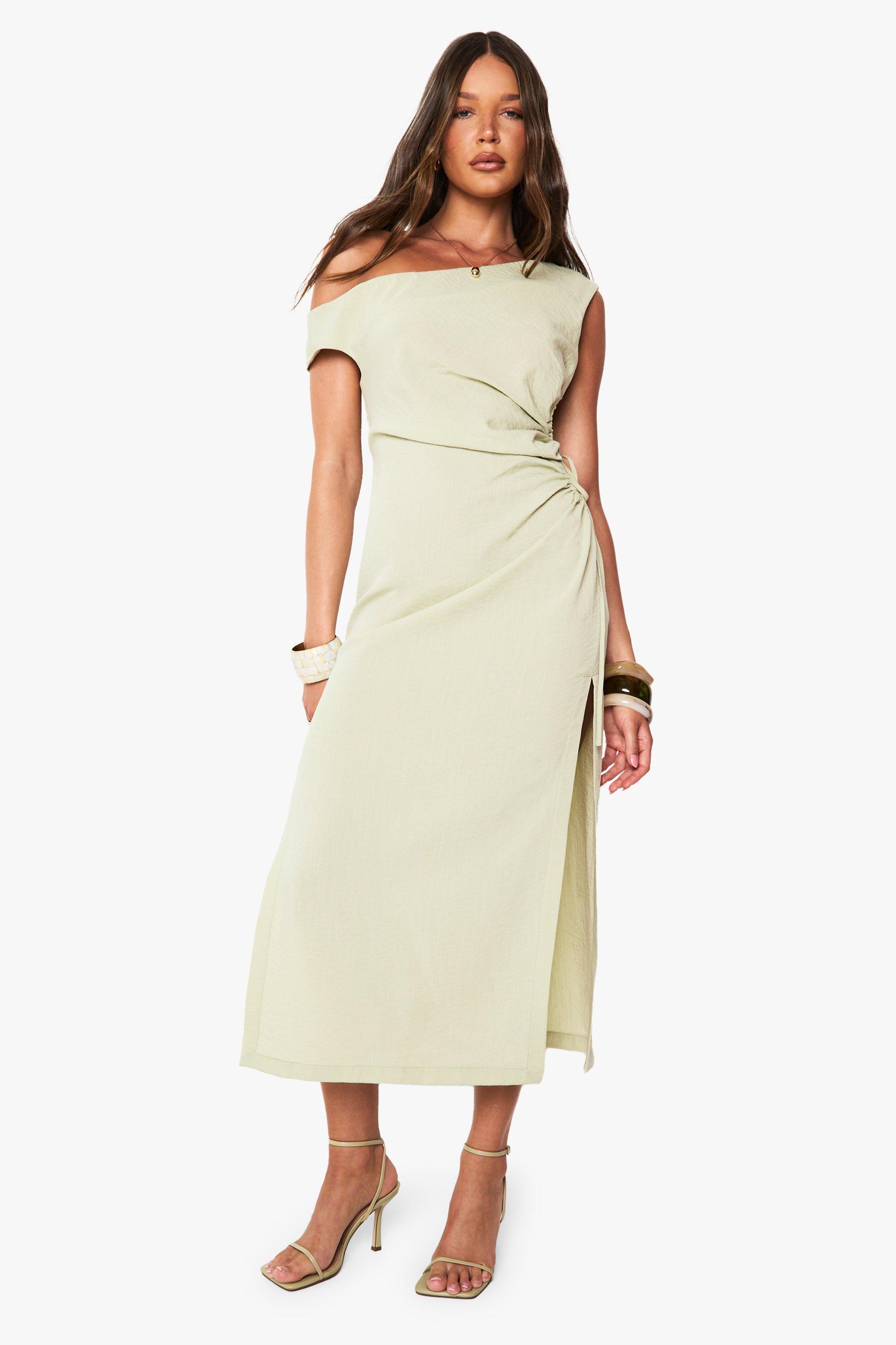 Linen Look Off The Shoulder Ruched Split Leg Midaxi Dress, Verde