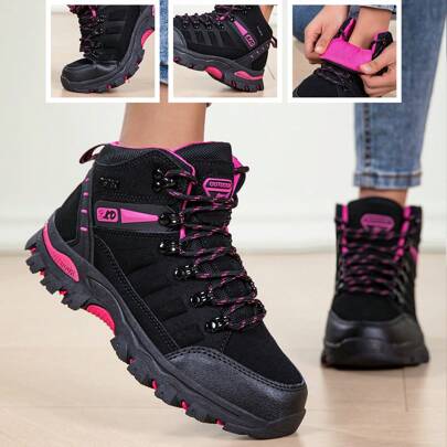 1 paio di scarponcini da trekking da donna, stile alto e mezzo, colore nero e rosso rosa, suola spessa resistente a calore e abrasioni, antiscivolo, s