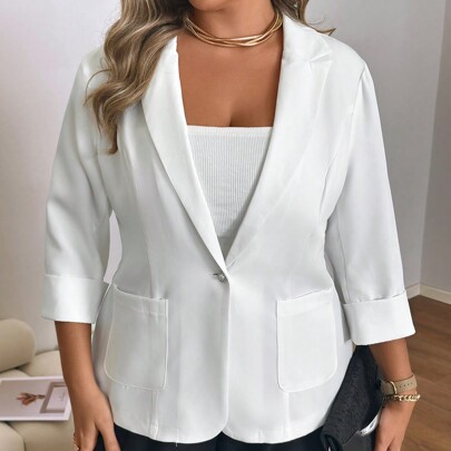 Giacca da tailleur monopetto casual in colore bianco tinta unita, taglia curvy, primavera & estate, casual business per donne