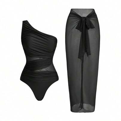 Costume da bagno intero monocolore senza maniche con gonna coprente, set adatto per vacanza per donna