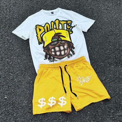 Set di maglietta bianca con grafica di ritratto graffiti arancioni e pantaloncini arancioni a contrasto