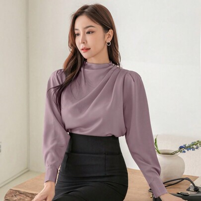 Camicia a maniche lunghe con collo alla coreana, arricciata, tinta unita