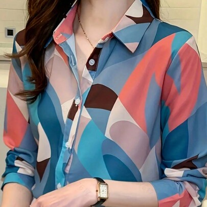 Camicie bluse casual a stampa color block alla moda per donne, camicie a bottoni manica lunga eleganti per uso quotidiano