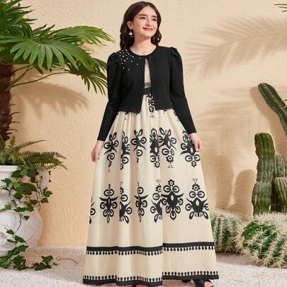 Set da 2 pezzi: Abito a sottoveste con stampa floreale ed orlo ampio, elegante per ragazze adolescenti, Giacca corta nera lavorata a maglia con manich