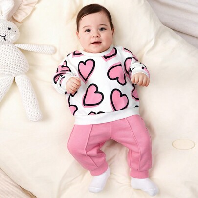 Set di maglione con stampa di cuore e pantaloni lungi a vita elastica in colore solido per neonata, autunno / inverno