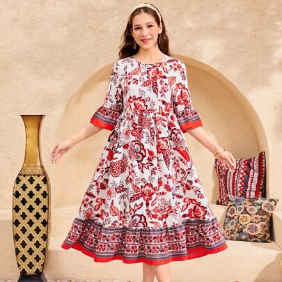 Vestito chemisier in tessuto intrecciato con stampa floreale rossa per ragazze adolescenti