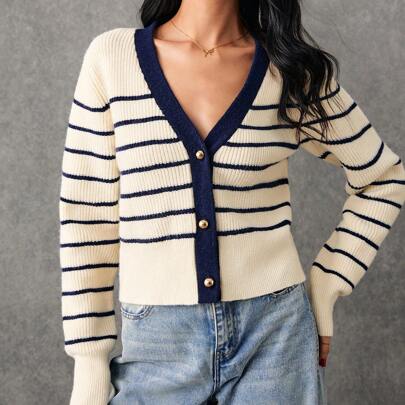 Maglione a righe, cardigan a righe blu scuro, maglioni da donna, 1 cardigan casual a maniche lunghe con bottoni da donna con vestibilità morbida, autu