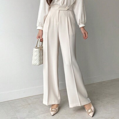 Pantaloni da tailleur casual da donna con vita asimmetrica, gamba dritta, colore bianco, adatti per tutte le stagioni