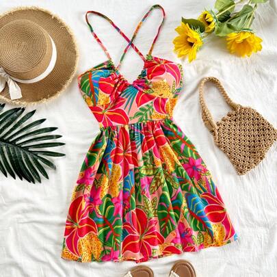 Abito corto a stampa tropicale, adatto per le vacanze al mare, abbigliamento estivo da donna, abbigliamento da resort tropicale, estate, abbigliamento