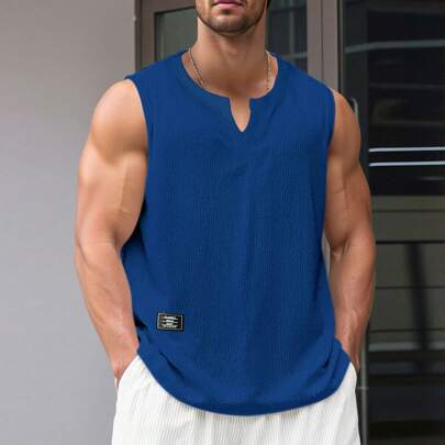 Canotta casual estiva da uomo monocolore con scollo a tacca, magliette smanicati da uomo, top smanicati da uomo