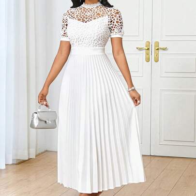 Abiti eleganti da donna in pizzo bianco e patchwork, con plissettature, abiti midi estivi eleganti per donne, ideali per compleanni