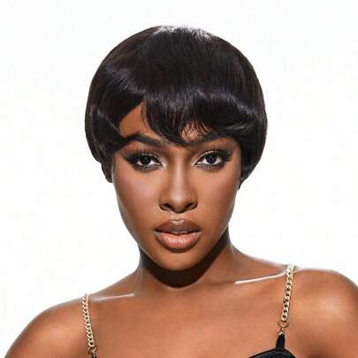 Body Wave Pixie Cut Wig Bangs Parrucca Colore nero Capelli corti corti