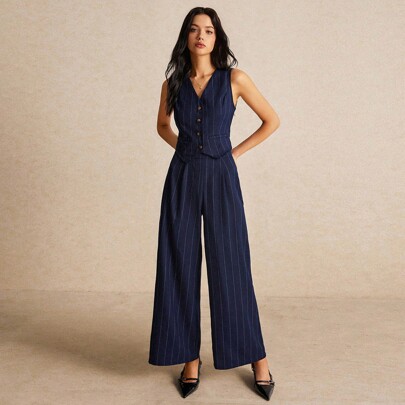 Set di pantaloni e gilet a righe morbido, completo tailleur da donna blu navy, abbigliamento da ufficio, due pezzi, moda essenziale facile, per donne