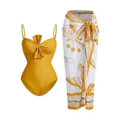Set da donna per vacanze composto da costume intero con fiocco senza spalline, stampa di piante tropicali e gonna coprente