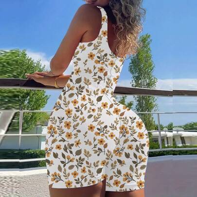 Tuta da donna con stampa floreale, tutina aderente senza maniche adatta per vacanze