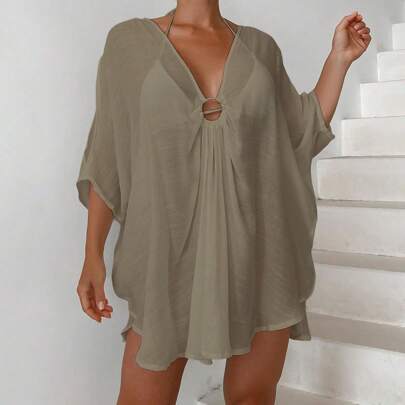 Abito elegante casual da donna con maniche a pipistrello, scollo a buco della serratura