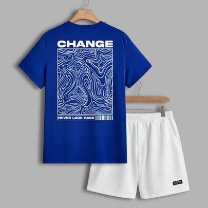 Set di Maglietta e pantaloncini da uomo, maglia blu navy e pantaloncini bianchi