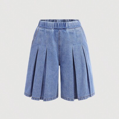 Jeans a gamba dritta larghi in denim plissettati lavati primavera estate per ragazze Tween, pantaloni lunghi e corti, vestiti estivi per ragazze, look