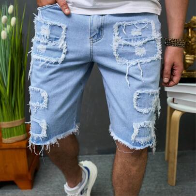 Pantaloncini di jeans classici aderenti lavati di blu per uomo, pantaloncini di jeans strappati elasticizzati per uomo, pantaloncini di jeans casual d