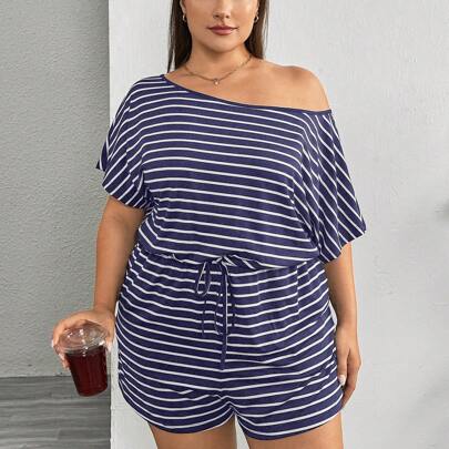 Tutina extra large per donna, tutina a righe casual, abito estivo da donna tuta intera, tuta pantaloncini per donna