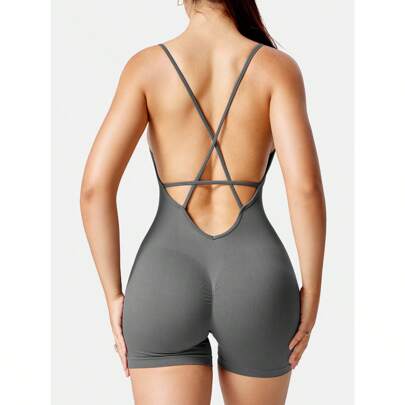 Tuta body a pantaloncino con effetto modellante e vita scolpita, da donna, per allenamento, con schiena scoperta, modello Jeni, marchio YEOREO