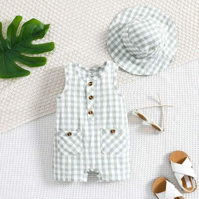 Tutina a cuadri con bottoni e due tasche per bambino, con cappello, per Natale