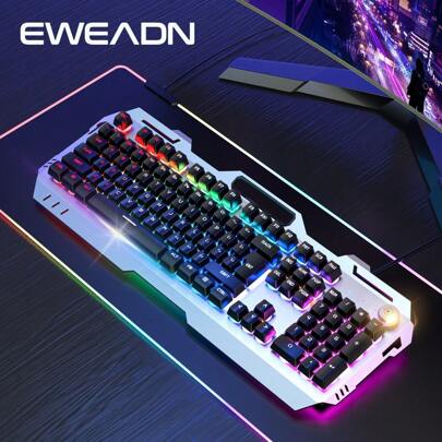 Tastiera da gioco EWEADN GX810 con cavo, retroilluminazione a LED, 104 tasti full-size silenziosI, tastiera ergonomica nera, con manopola, per compute