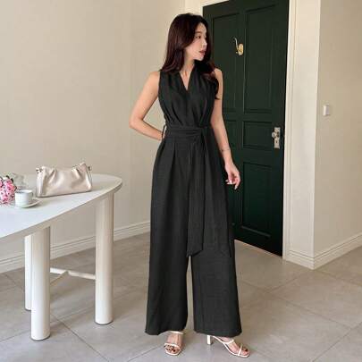 Tuta larga monocolore con cintura alla vita, eleganti tute estive casual da donna