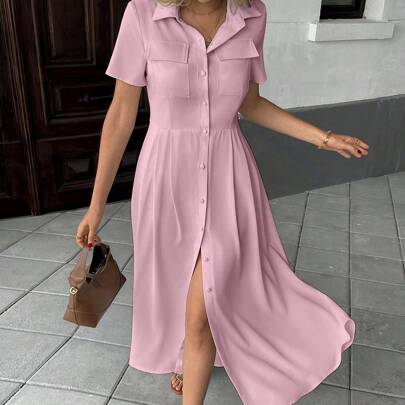 Abito camicia con gonna plissettata e tasche, vestito lungo casual ed elegante per pendolari, adatto per le donne