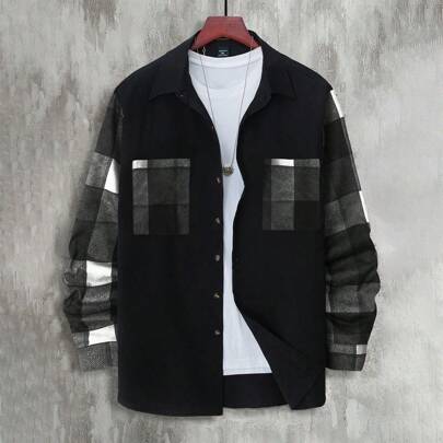 Camicia casual a maniche lunghe con tasche, a quadri e patchwork, di taglia oversize, camicie da uomo autunnali, giacche di design per uomo