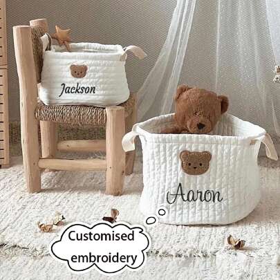 Cesta di stoccaggio con orsetto ricamato nome, cesta di stoccaggio giocattoli per bambini, cesta personalizzata di smistamento pannolini, regali per f