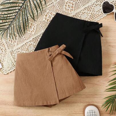 2 pezzi Set casual di pantaloncini coordinati di colore unito per ragazze giovani