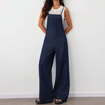 Tuta con salopette di jeans blu casual e ampia, senza maniche, pantaloni dritti con bretelle, tute eleganti da donna