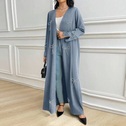 Abaya casual da donna a maniche lunghe con fiocco, abaya modesta e casual aperta, adatta per uso quotidiano casual e per feste