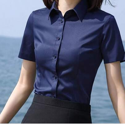 Camicia blu navy a maniche corte da donna, abbigliamento formale da lavoro, camicetta intima da tailleur, nuova primavera estate 2025 per signore d'uf