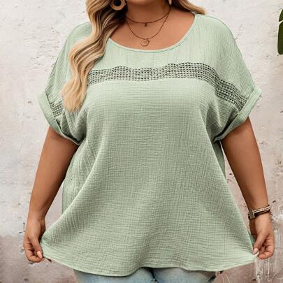 Camicia casual da donna in cotone con patchwork in pizzo, camicia in puro cotone per donna taglie comode, outfit da donna per vacanza al mare, abito d