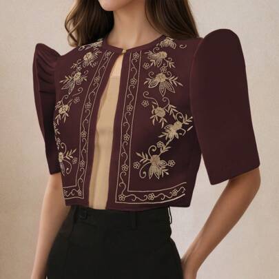 1 pezzo Blusa floreale retrò filipiniana moderna con maniche a palloncino, adatta per primavera/estate