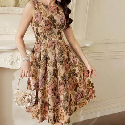 Abito da donna vintage ed elegante, motivo jacquard, senza maniche, outfit per le vacanze, vestiti estivi da donna, abito da cerimonia, abiti da compl