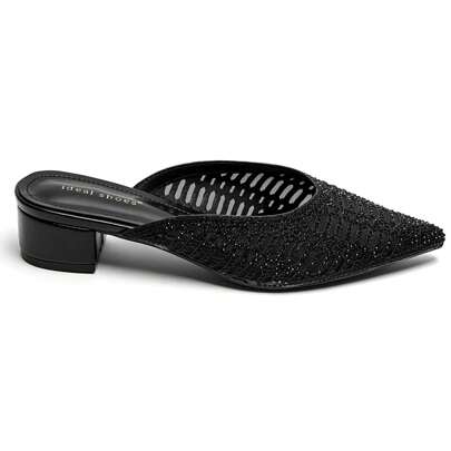 Mules à Talon Bas avec Bout Pointu et Strass Brillants