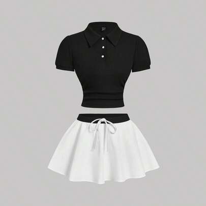 2 Pezzi / Set Completo Donna Navy e Nero con Gonna Bianca, Outfit da Tennis, Stile Retrò, Outfit da Studente Universitaria