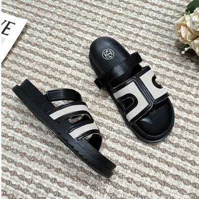 Sandali infradito piatti da donna in tessuto nero, sandali estivi da donna